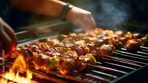 hand of chef making kebab on barbecue grill