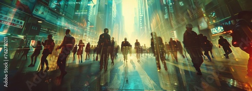 Many people are walking futuristically towards the camera in an abstract cityscape in the style of double exposure with light effects and motion blur Generative AI photo