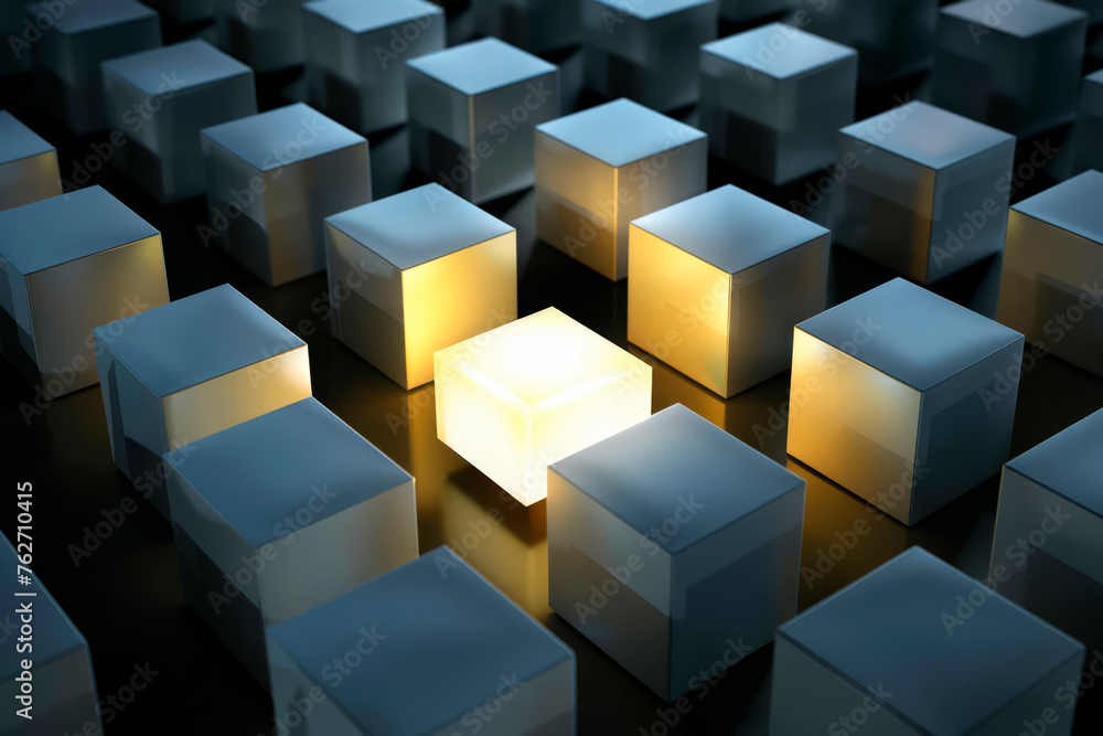 Stand out from the crowd, different creative idea concepts, a luminous opened light box glowing among closed white square boxes on dark background with reflections and shadows. Stand out from the crowd, different creative idea concepts, a luminous opened light box glowing among closed white square boxes on dark background with reflections and shadows.