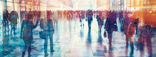 A large group of people walking in the shopping mall double exposure photography Generative AI photo