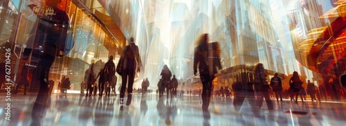 A group of people dressed in modern, urban attire walking through an opulent shopping mall with skyscrapers towering above them Generative AI