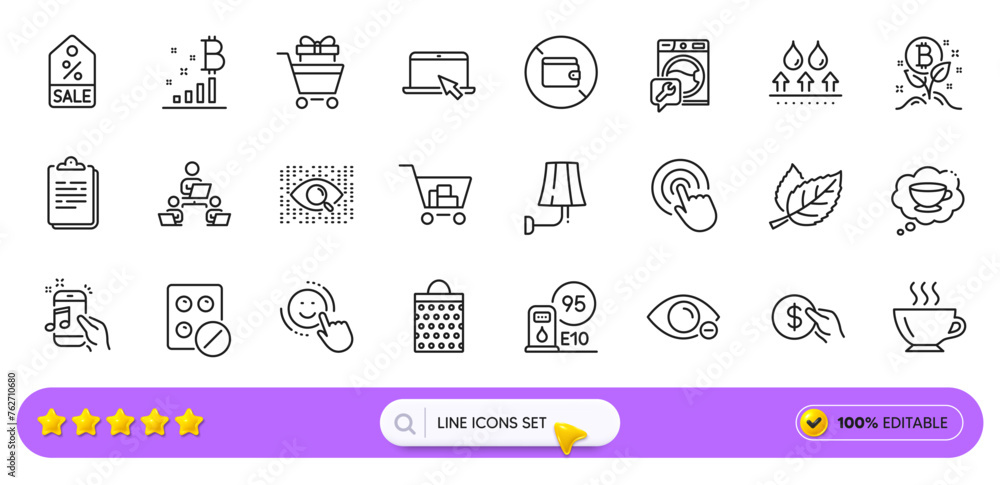 Internet shopping, Portable computer and Waterproof line icons for web app. Pack of Bitcoin graph, Teamwork, Music phone pictogram icons. Bitcoin project, Wallet, Petrol station signs. Vector Internet shopping, Portable computer and Waterproof line icons for web app. Pack of Bitcoin graph, Teamwork, Music phone pictogram icons. Bitcoin project, Wallet, Petrol station signs. Vector