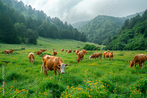 Cows are grazing on Alpine meadow. Cattle pasture in a grass field. Angus cattle. © Tjeerd