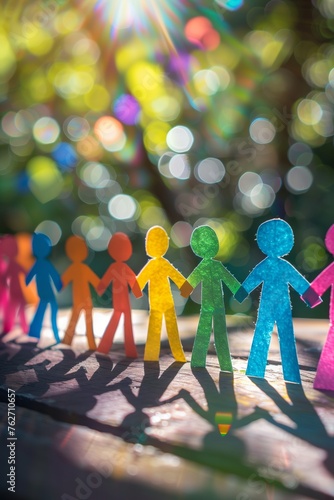 paper people of all colors holding hands, side view, selective focus, bokeh