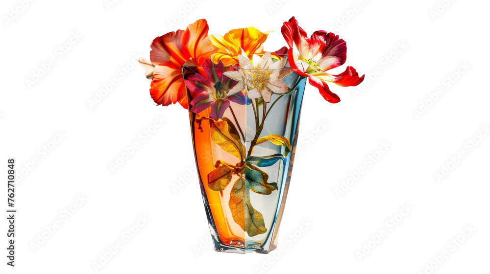 A glass vase filled with vibrant flowers, standing against a pure white backdrop
