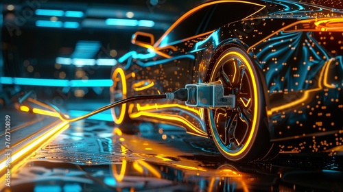Closeup of an electric car being connected to a battery charger, energy flowing in a glow of sustainable power