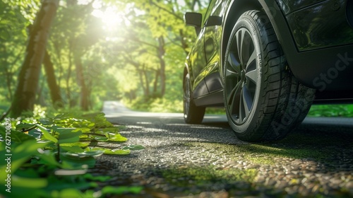 Closeup of an electric cars tire on a green road, symbolizing the journey towards a more sustainable future © Phanuwhat