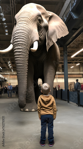Kid standing in front of a massive elephant, kid standing in front of elephant © MrJeans