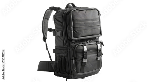 A sleek black backpack with sturdy straps hanging