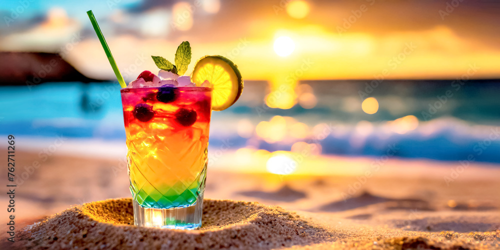 Cocktail am Strand mit Meer im Hintergrund im Abendlicht  - obrazy, fototapety, plakaty 