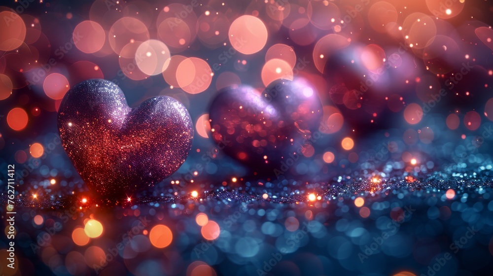  A pair of heart-shaped decorations resting atop a blue-red backdrop against a hazy light background