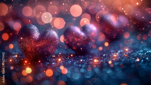  A pair of heart-shaped decorations resting atop a blue-red backdrop against a hazy light background