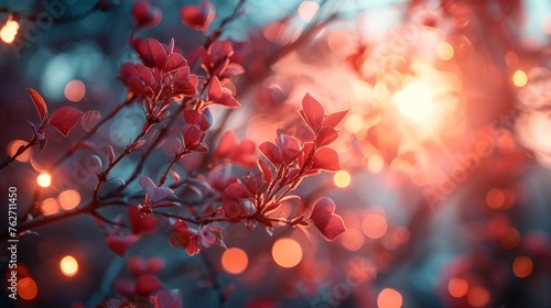  A close-up of a red tree branch with blurred background lights