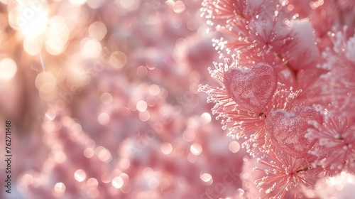  A close-up of a pink tree  with snow-covered branches and a sunbeam in the background
