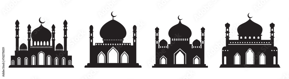 Vector islamic mosque black silhouettes set. Ramadan muslim icon collection isolated on white. Arabian mosque buildings shapes with minarets. Eid Al-Fitr illustration.