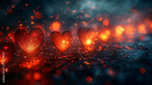  Three red hearts on a table with an orange and black fire extinguisher