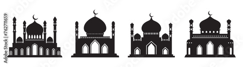 Vector islamic mosque black silhouettes set. Ramadan muslim icon collection isolated on white. Arabian mosque buildings shapes with minarets. Eid Al-Fitr illustration.