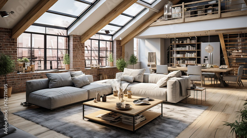 A large living room with a white couch, a coffee table, and a potted plant. The room has a modern and elegant feel, with a lot of natural light coming in through the windows