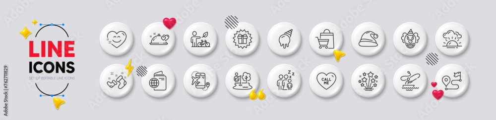 Journey, Smile chat and Travel passport line icons. White buttons 3d icons. Pack of Romantic dinner, Eco bike, Fireworks stars icon. Boat fishing, Santa hat, Surprise gift pictogram. Vector Journey, Smile chat and Travel passport line icons. White buttons 3d icons. Pack of Romantic dinner, Eco bike, Fireworks stars icon. Boat fishing, Santa hat, Surprise gift pictogram. Vector