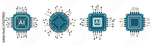 Vector computer electronic chip AI icons set. Microchip processor artificial intelligence, cpu, iot, big data isolated on white background.