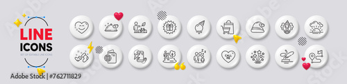 Journey, Smile chat and Travel passport line icons. White buttons 3d icons. Pack of Romantic dinner, Eco bike, Fireworks stars icon. Boat fishing, Santa hat, Surprise gift pictogram. Vector