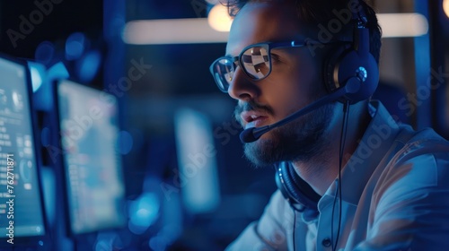 Portrait of concentrated male call center agent in headset working at night photo