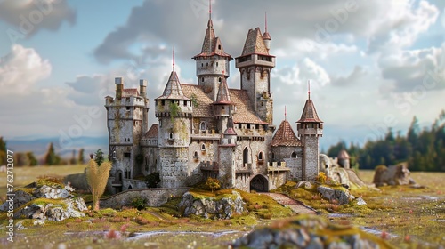 Fantasy illustration castle with field pop up style landscape. AI generated image