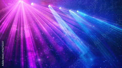 Neon Blue pink violet stage lighting illuminated, lens flare effect, shining star rays. AI generated