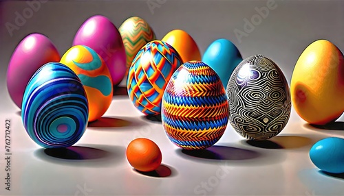 Colorful painted Easter eggs with intricate patterns on a light background with shadows. photo