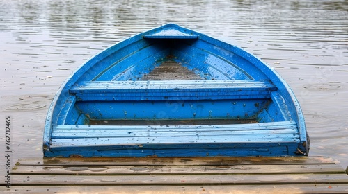 a blue boat sitting on top of a body of water next to a wooden dock on top of a body of water. photo