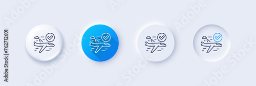 Confirmed flight line icon. Neumorphic, Blue gradient, 3d pin buttons. Approved charter sign. Verified airplane symbol. Line icons. Neumorphic buttons with outline signs. Vector