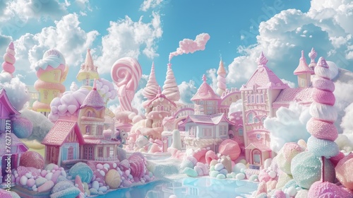 Illustration beautiful fairy tale city in form candy in pastel colors. AI generated image © prastiwi