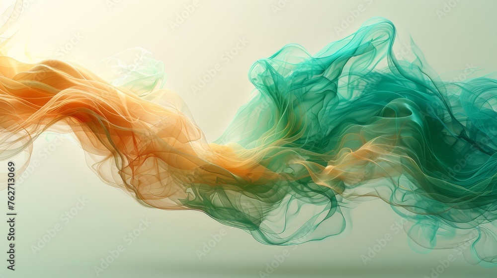 A green, orange, and yellow smoke swirls on a light green background with a white background in the backdrop A green, orange, and yellow smoke swirls on a light green background with a white background in the backdrop