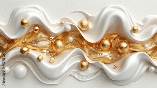  A stunning golden-white abstract background, adorned with a few gold orbs above a cresting wave of shimmering gold paint