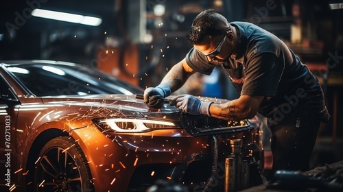 Man Repairing Car in Garage