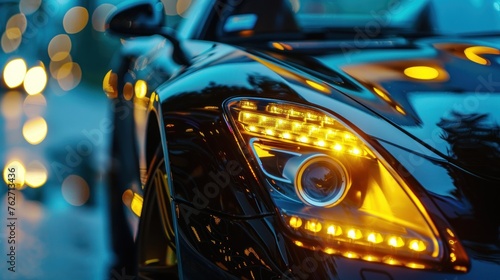 Close up black sport car front headlight with yellow xenon light at evening scene. AI generated photo