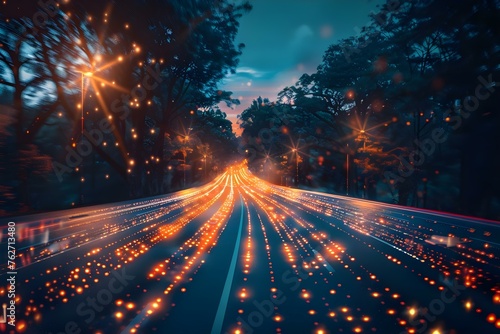 Blurred road represents futuristic transformation and innovation with speedy digital data flow. Concept Digital Transformation  Futuristic Innovation  Speedy Data Flow  Blurred Road