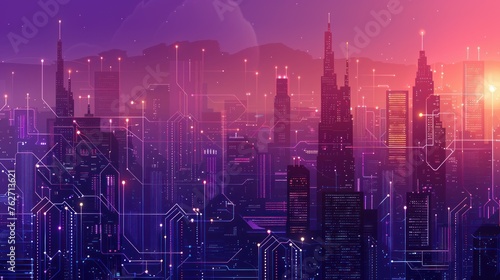 Illustration modern futuristic digital circuit city building background. AI generated