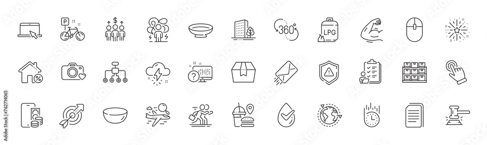 Thunderstorm weather, Checklist and 360 degree line icons. Pack of Fireworks explosion, Cursor, Fast food icon. Phone pay, Shield, Buildings pictogram. Loan house, Fast delivery, Bike. Vector - obrazy, fototapety, plakaty 