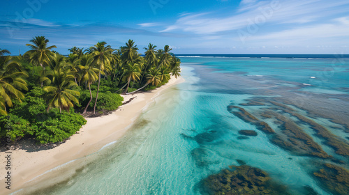 Palm-fringed shores and crystal-clear waters, inviting viewers to escape to a tropical paradise