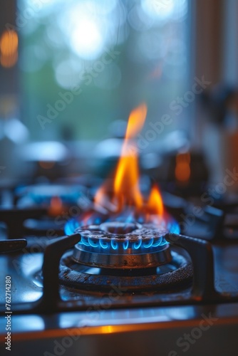 A close-up view of a gas stove in operation, showing intense flames burning