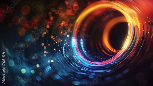 Blurry abstract light rays and glow particles in motion make wormhole shape background. AI generated