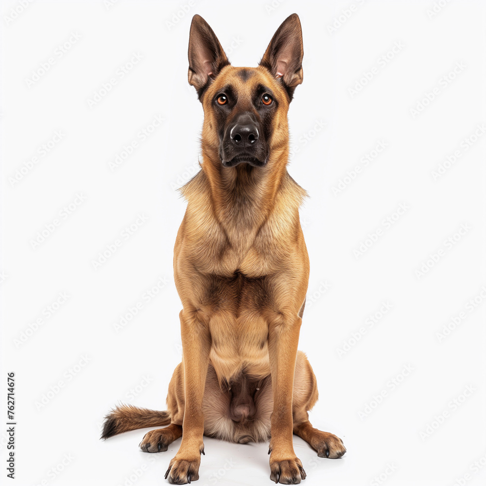 Belgian Malinois Dog. Sheepdog Animal Isolated on White. Cute Happy Adult Canine Sitting and Standing and Watching the Camera. Police Pet Trained for Securicy. German Shepherd on White Background.
