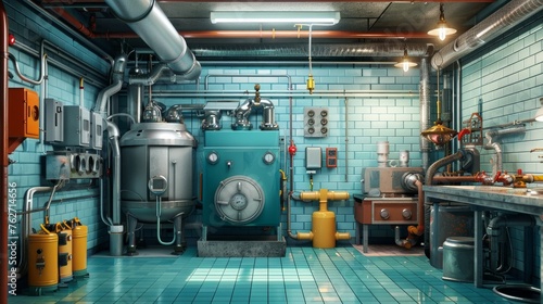 A 3D illustration of a boiler room featuring a modern gas heating system