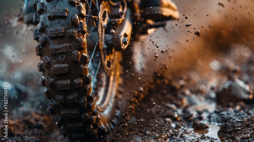 close up down shot dirt bike with automotive tires is navigating through a muddy puddle, splattering mud on its fender and leaving tracks with its treaded wheels