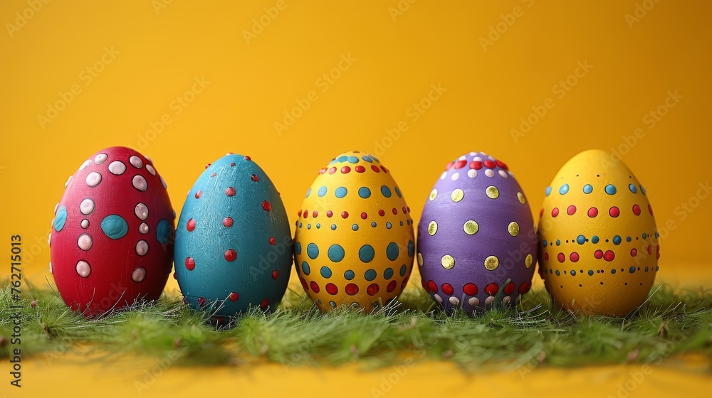  Row of colorful eggs on green grass, next to yellow wall