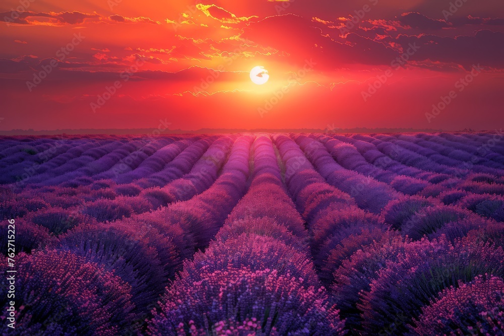 An endless field of vibrant violet and purple lavender flowers under a mesmerizing red sky at sunset