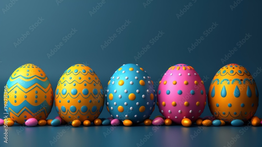 A stack of multicolored Easter eggs arranged on a blue-green tablecloth A stack of multicolored Easter eggs arranged on a blue-green tablecloth