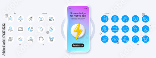 Laptop, Clipboard and Water drop line icons. Phone mockup with 3d energy icon. Pack of Solar panel, Magnesium mineral, Qr code icon. Cloud computing, Yoga, Puzzle pictogram. Vector