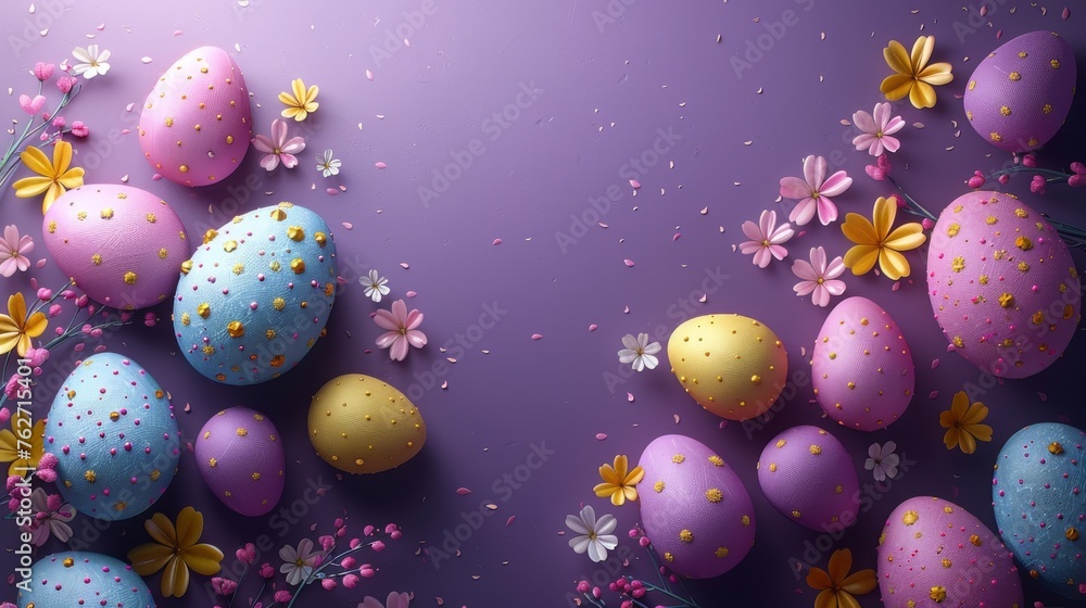 A set of Easter eggs surrounded by blooms on a violet backdrop, featuring space for text on the right-hand edge A set of Easter eggs surrounded by blooms on a violet backdrop, featuring space for text on the right-hand edge